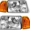 for 2001-2011 Ford Ranger Headlights Assembly Chrome Housing Amber Reflector Replacement Driver and Passenger Side (Bulbs NOT included)