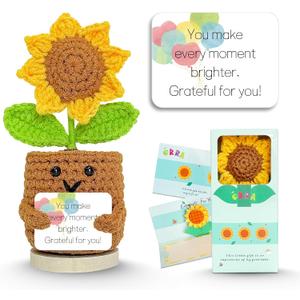 Birthday Gifts for Mom, Handmade Positive Crochet Sunflower for Home Office Desk Decor, Thank You Gifts for Women Teacher Friend Daughter Nurse Coworker,Emotional Support Plant with Positive Card