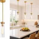 1-Light Brushed Brass Pendant Lights Kitchen Island, Modern Pendant Light, Single Gold Glass Fixture, Adj 71", High CRI 95+ E26, Kitchen Island Lighting, Dining Room, Entryway (Bulb Not Included)