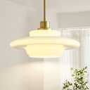 Mid Century Modern Pendant Light Fixtures,Gold Milk Glass Pendant Lights Kitchen Island with White Glass Shade Pendant Lighting for Dining Room Bedroom, 12.6 inches x 12.6 inches x 67 inches