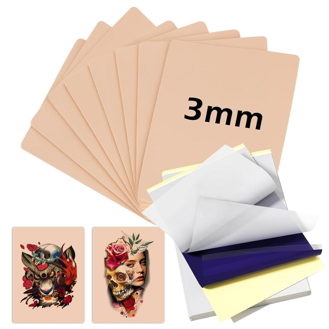 3MM Fake Skin and Transfer Paper Kit - Jconly 28pcs Tattoo Skin and Transfer Paper Kit Includes 8pcs Best Silicone Thick Skin Double Sided, 20Pcs Stencil Paper Tattoo Supplies Tattoo Kit