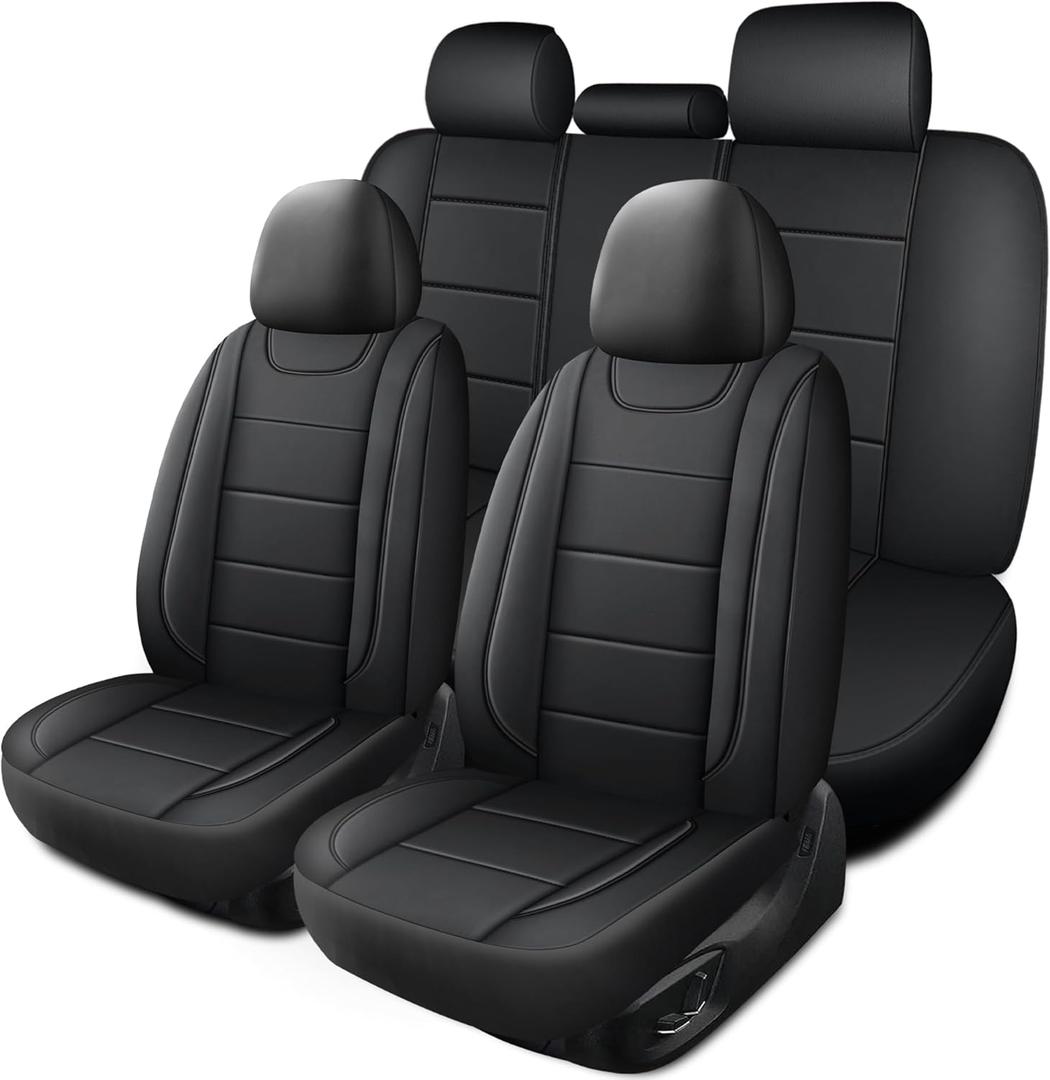 HChengkikz Car Seat Covers, Quilting Leather Seat Covers Full Set, Waterproof Faux Leather Automotive Seat Covers for Cars, Universal Car Seat Protectors Fit for Suvs, Trucks, Airbag Compatible (N4 Black)