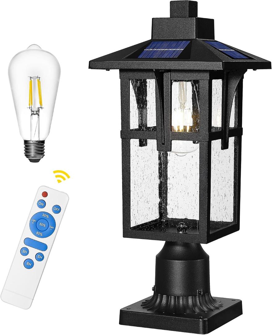 Solar Outdoor Post Light, HWH Dusk to Dawn Solar Lamp Post Light with Pier Mount Base, Exterior Pillar Lantern Pole Lamp with Seeded Glass Shade, 5HX62PM-SL BK, 18 Inch
