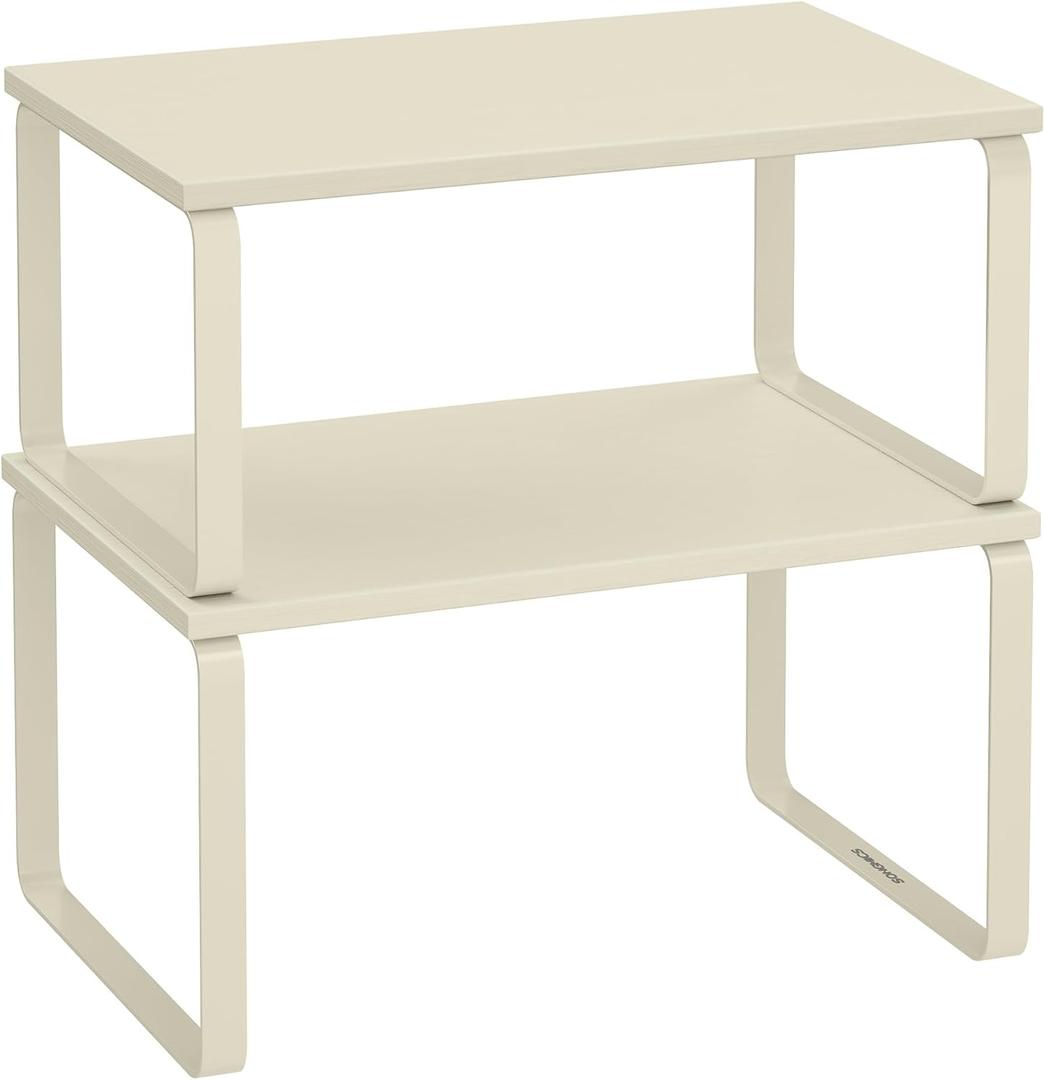 SONGMICS Cabinet Organizer Shelf, Set of 2 Kitchen Counter Shelves, Kitchen Storage, Spice Rack, Stackable, Expandable, Metal and Engineered Wood, Cream White UKCS002W02 (11.7"W)