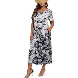LARACE Plus Size Dresses for Women Summer Casual Short Sleeve Long Dress Flowy Maxi Beach Dresses with Pockets (XXXL)