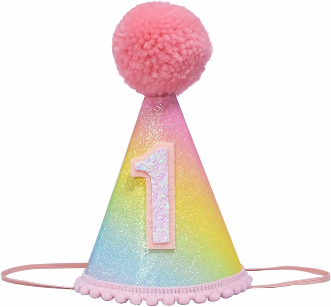First Birthday Hat with Pink Pom Topper - Glitter Colorful Hat, 1st Birthday Cake Smash Photo Prop, Pink Girl Decoration