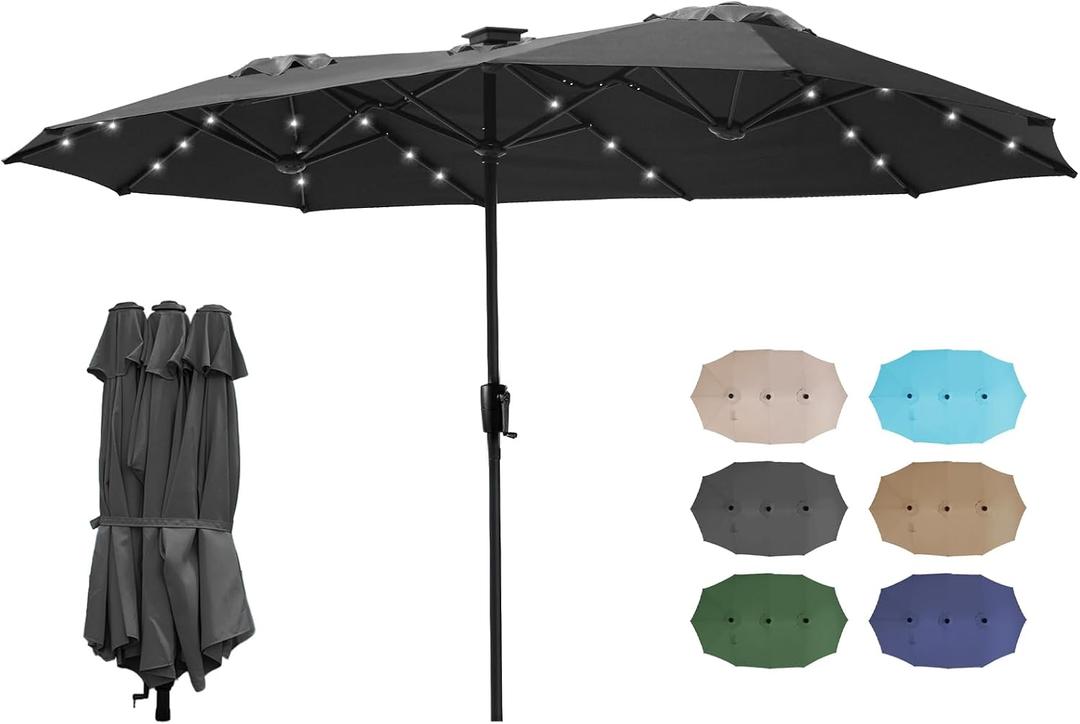 FREE SOLDIER 13ft Patio Umbrella with 36 LED Solar Lights Double Sided Outdoor Umbrella for Patio Table Umbrella with Solar lights for Garden Yard Pool (Dark Gray), 13' x 6.5' x 7.8'