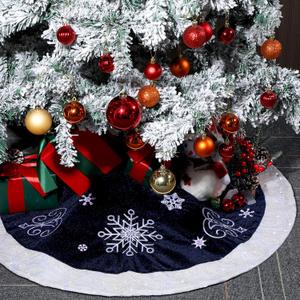 48inch Christmas Tree Skirt Navy Blue Luxury Velvet Plush Fur Skirts Snow Sequin Embroidery Tree Skirts with White Lace Trim Decor Xmas Velvet Trees Skirt for Christmas Holiday Party Home Decorations