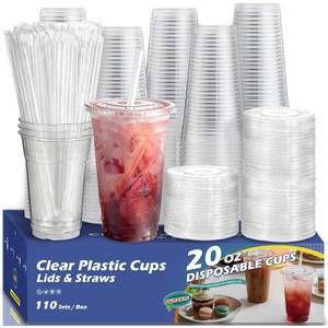 110 Pack 20 oz Clear Plastic Cups with Lids and Straws, Extra-Large Disposable Iced Coffee Cups To Go, BPA-Free Cold Drink Cups for Smoothie, Boba, Parties