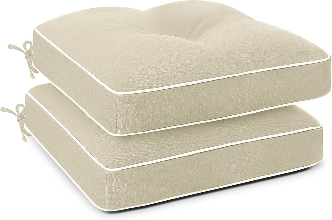 Favoyard Patio Chair Cushions 19 x19 Inch Water Resistant & 3-Year Color Fastness Outdoor Chairs Cushion for Seat Dining Rocking Wicker Chair Cushion With Tie Straps Tufted Square Pads, Beige, 2 Pack