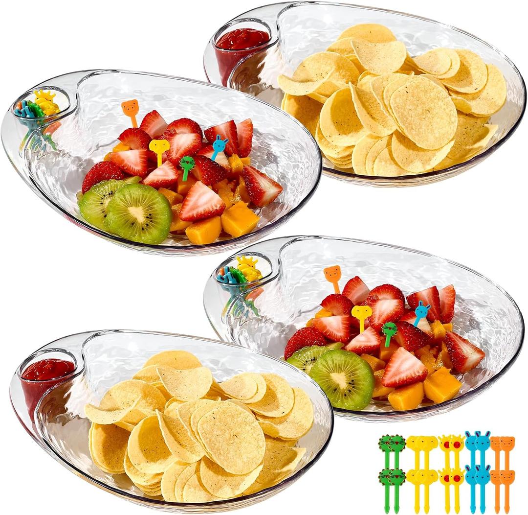 Clear Chip and Dip Serving Platter Set, 4 Pcs Fruit Plates Divided Party Trays 10'' x 8.7'' Snack Bowl Dishes, Dine Appetizer Plates, Reusable BPA-free Plastic Dumpling Plate with Sauce Holder