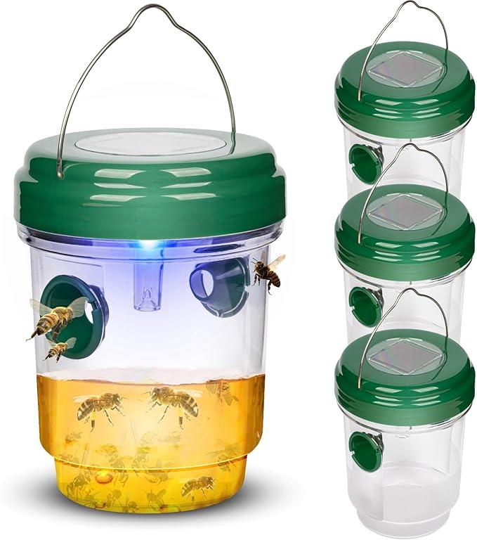 4 Packs Solar Powered Wasp Trap Outdoor Hanging, Yellow Jackets, Hornets, Carpenter Bees, Mud Daubers Trap Reusable for Garden, Patio, Yard