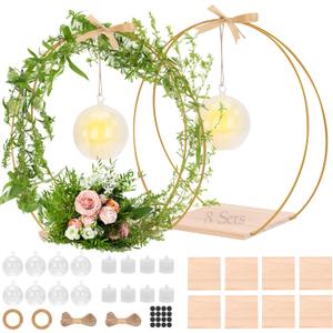 cenoz 8 Pack 12Inch Double Floral Hoop Centerpiece for Tables, Hoop Centerpiece Kit with Candle Light & Clear Acrylic Base, Metal Wreath Ring for DIY Table Wedding Decorations(Flower Not Included)