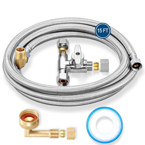 Dishwasher Installation Kit - 15 FT Stainless Steel Braided Dishwasher Hose kit,Food Grade PEX Inner Tube Dishwasher Water Line with 3/8"x3/8"x3/8" Tee Stop Valve,3/8"x3/8"MIP Elbow,3/8"x3/4"FHT Elbow