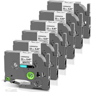 Greateam Label Maker Tape Replacement for Brother P Touch Label Tape 12mm 0.47 Laminated White TZe-231 TZe231 TZe TZ Label Maker Refills for Brother PT-D220 D210 H110 D410 D610BT, 12mm x 8m, 6-Pack (Black on White)