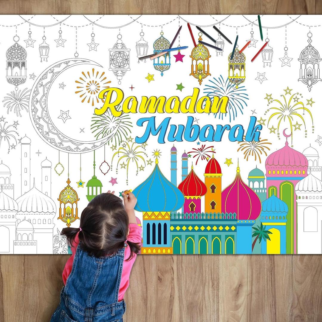 Ramadan Mubarak Coloring Poster for Kids Giant Coloring Poster Large Ramadan Kareem Coloring Tablecloth Jumbo Coloring Books for Kids Classroom Home Birthday Party Supplies Favor