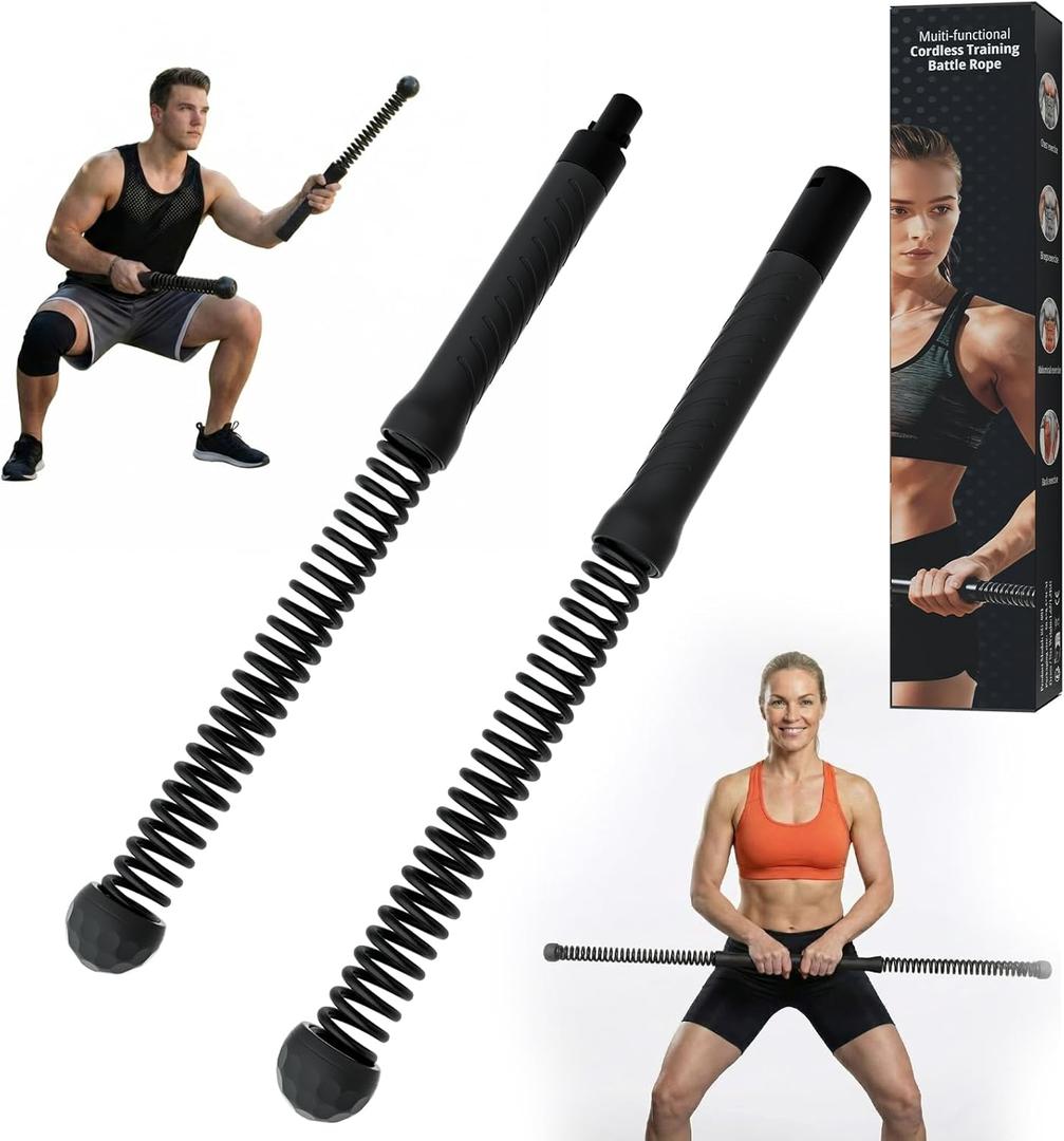 Portable Ropeless Battle Ropes, HIIT & Low Impact Cardio Workouts, Transform into Fitness Bar, Cordless Battle Ropes for Home Gym, Compact Gym Equipment for Men & Women (Black)
