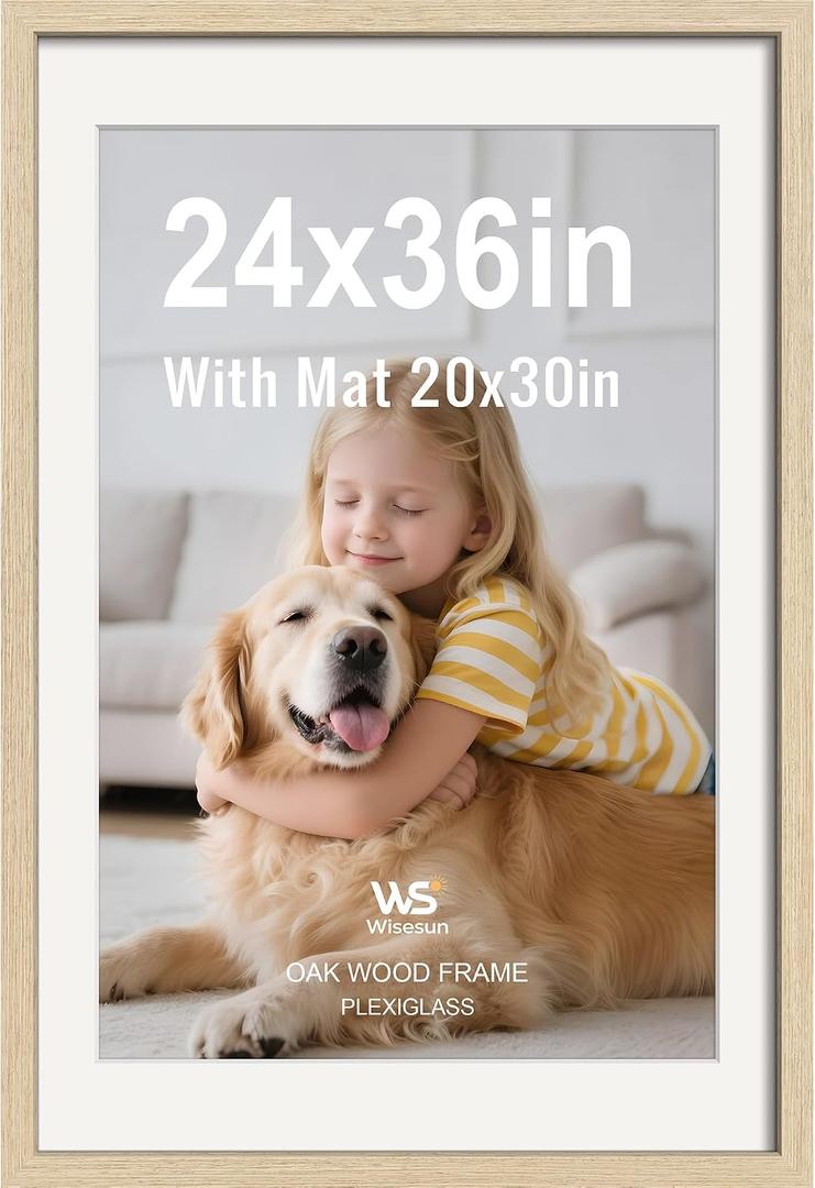 24x36 Poster Frame, Oak Wood with Plexiglass, 20x30 Mat, 1 Pack
