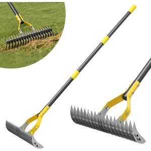 Thatch Rake, 15-Inch Wide Manual Dethatcher Rake for Cleaning Dead Grass, Loosening Soil, 55" Efficient Steel Metal Dethatching Rake with Long Adjustable Handle, Thatch Rakes for Lawns, Yard, Garden