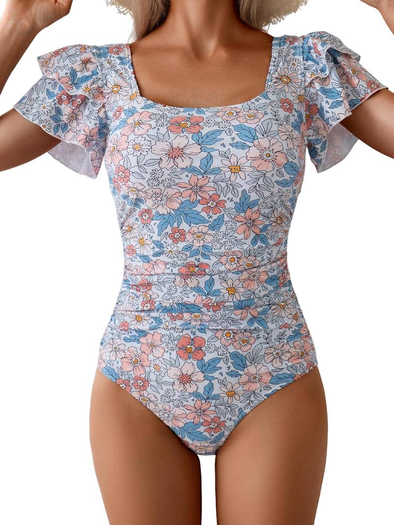 Eomenie Women's Tummy Control One Piece Swimsuit Ruffle Square Neck Bathing Suit Ruched Cutout Back Slimming Swimwear, S