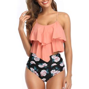 Womens Tankini Swimsuits Ruffled Tank Top Tummy Control Floral Modest Swimwear High Waisted Bikini (Large, Orange)