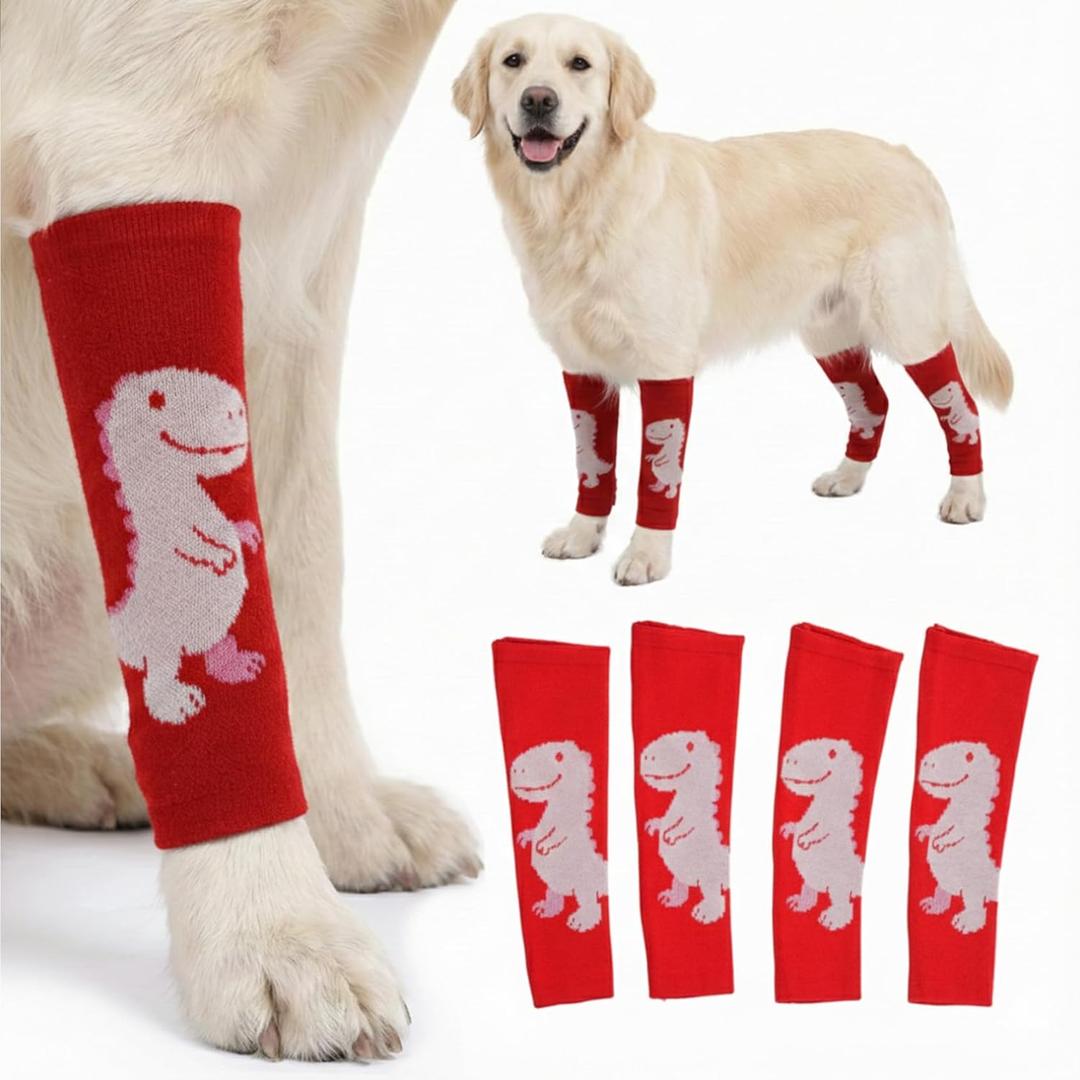 LovinPet 4-Pack Dog Knee Sleeves, Dinosaur-Style Leg Warmers for Medium & Large Dogs, 4-Way Stretch, Anti-Lick Coverage, Warm & Comfy Fit, One Size,Red White