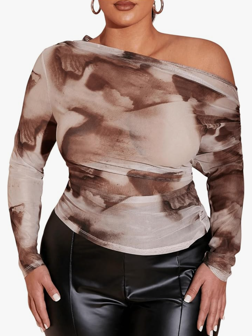 SweatyRocks Women's Plus Size Crop Tops Asymmetrical Neck Ruched Long Sleeve Mesh T Shirts Size L