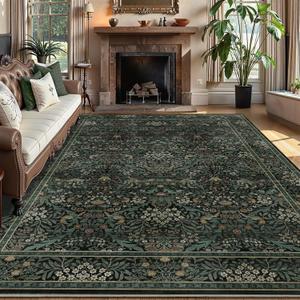 6x9 Floral Washable Area Rug for Living Room, Vintage Boho Large Rug for Bedroom Dining Room Distressed Botanical Birds Non Slip Low Pile Forest Animal Throw Carpet for Farmhouse Office, Dark Green