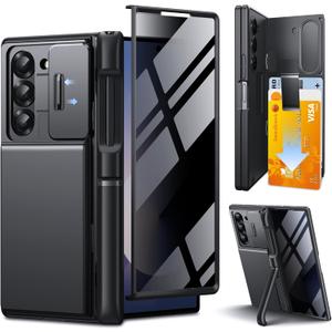 TONGATE Wallet for Z Fold 6 Case with Privacy Screen Protector, [Dual Stands & Card Holder][Anti Spy] Built-in S Pen Holder & Camera Cover Z6 Shockproof Phone Case for Samsung Galaxy Z Fold 6, Black