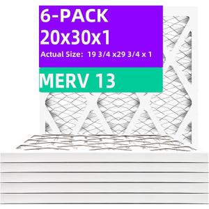 20x30x1 MERV 13 (6-Pack) Air Filter (Actual Size: 19.75"x29.75"x0.75") MPR 1900 & FPR 10, Furnace Air Filters, 20x30x1 air filter