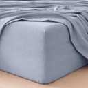 MooMee Fitted Bottom Sheet Only 100% Washed Cotton Linen Like Textured Breathable Durable Soft Comfy Deep Pocket Fits Mattress up to 17" (Cornflower Blue, Twin)