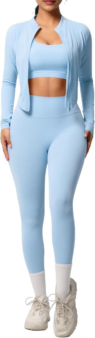 3 Piece Women’s Workout Set – Zip-Up Jacket, Sports Bra & High-Waist Leggings – Stretchy Breathable Yoga Outfit, XL, Aqua Blue