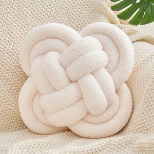 Knot Pillow, 12" Soft Decorative Throw Pillows for Couch Bed, Gray Pink Knotted Plush Throw Pillow Handmade Square Cushion Home Decor Pillows (Ivory White, 12 Inches X12 Inches)