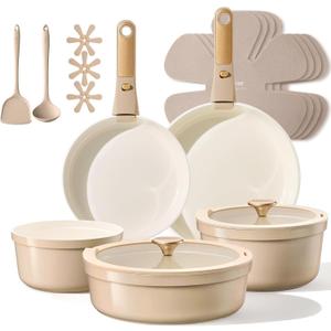 CAROTE 18 Pcs Ceramic Cookware Set Titanium Nonstick with Detachable Handles, Non Toxic Cookware, Pots and Pans Set Non Stick Removable Handles, Kitchen Cooking, Dishwasher Safe