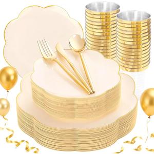 EI 180pcs Beige Plastic Plates with Gold Plastic Silverware,Heavy-Duty Disposable Plates for Party,Beige Dinnerware Set for 30 Guest Wedding,Afternoon Tea,Spring,Mother's Day,Valentine's Day,Easter