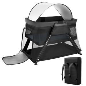 Lilian&Gema 2-in-1 Travel Crib, Portable Crib with Backpack, Lightweight Baby Travel Playpen, Foldable Play Yard with Thick Mattress for Babies & Toddlers, Baby Travel Essential (Black)