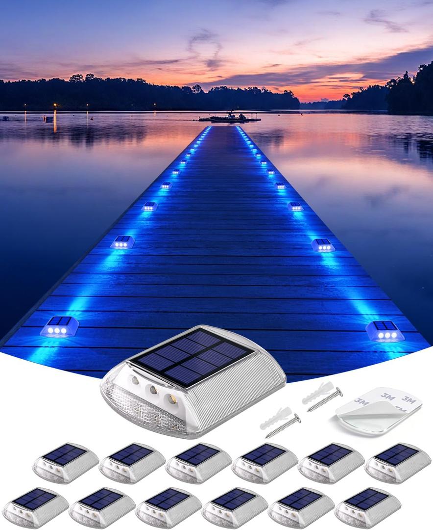 Detarzinled Solar Driveway Lights Outdoor, 12 Pack IP68 Waterproof Dock Deck Lights Solar Powered, Stick on & Screw Blue Markers Light for Pathway, Walkway, Sidewalk, Patio, Pool Deck, Garage Entrance