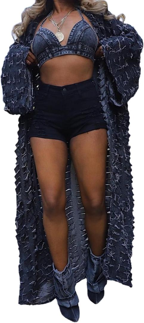 NRTHYE Women's Ripped Oversized Jean Kimono Robe Cardigan Hollow Long Sleeve Open Front Long Denim Dusters Jacket Coat (Black)