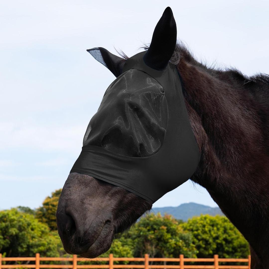 FOXLVDA Horse Fly Mask with Ears, Fashionable and Comfortable Fit Stretchy Fabric Large Eye Space UV Protection Soft on Skin Breathable for Horse Full Size (Black, Large)