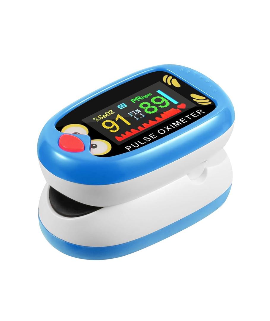 Fingertip Pluse Oximeter for Small Fingers, USB-C Rechargeable Oxygen Monitor, Cute Cartoon Design, Sports & Aviation Use, Applicable for Kids & Children (Blue)