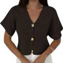 SOLY HUX Women's Short Sleeve Office Spring Winter Cardigan Sweater Button Down V Neck Slim Fit Elegant Knit Tops Coffee Brown Medium