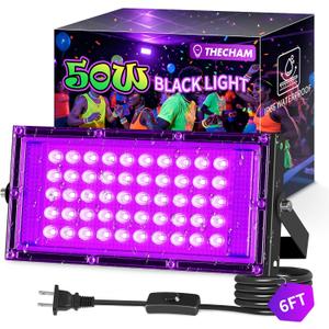 THECHAM 50W LED Black Lights IP66 Waterproof Black Light Outdoor with 6ft Plug+Switch,Flood Blacklight for Halloween Glow in The Dark Party Stage Light Neon Glow Birthday 1 Pack