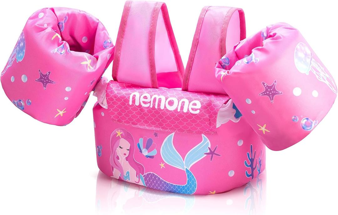 Nemone Toddler Swim Vest for 22-70 lbs Kids Floaties Swim Jacket with Arm Water Wings for Girls Boys 1 2 3 4 5 6 7 Years Old Beach Pool 20 30 40 50 60 66 Pounds Puddle Jumper (Pink Mermaid)