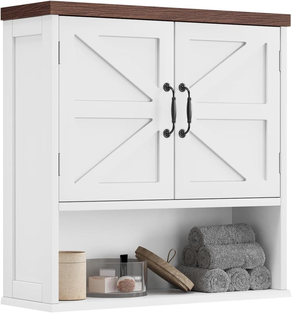 Smuxee Farmhouse Bathroom Cabinet Wall Mounted, White Medicine Cabinet with Adjustable Shelf, Bathroom Cabinet for Living Room, Laundry Room, Big