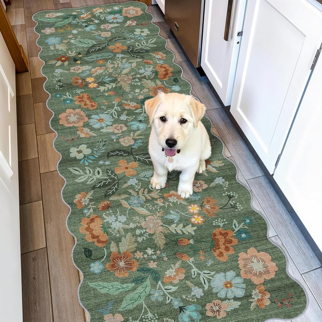 Washable 2x6 Runner Rug for Entryway: Hallway Kitchen Easy-Clean Carpet with Non-Slip Backing Stain-Resistant Low Pile Floor Mat  Perfect for High-Traffic Areas with Pets (2x6 Floral/Green)