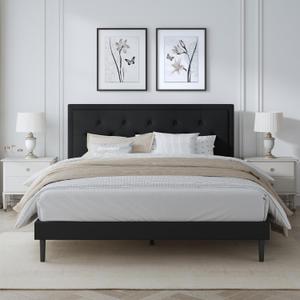 Queen Size Bed Frame with Upholstered Velvet Headboard, Platform Bedframe Mattress Foundation No Box Spring Needed, Button Tufting Design, Strong Wooden Slat, Black
