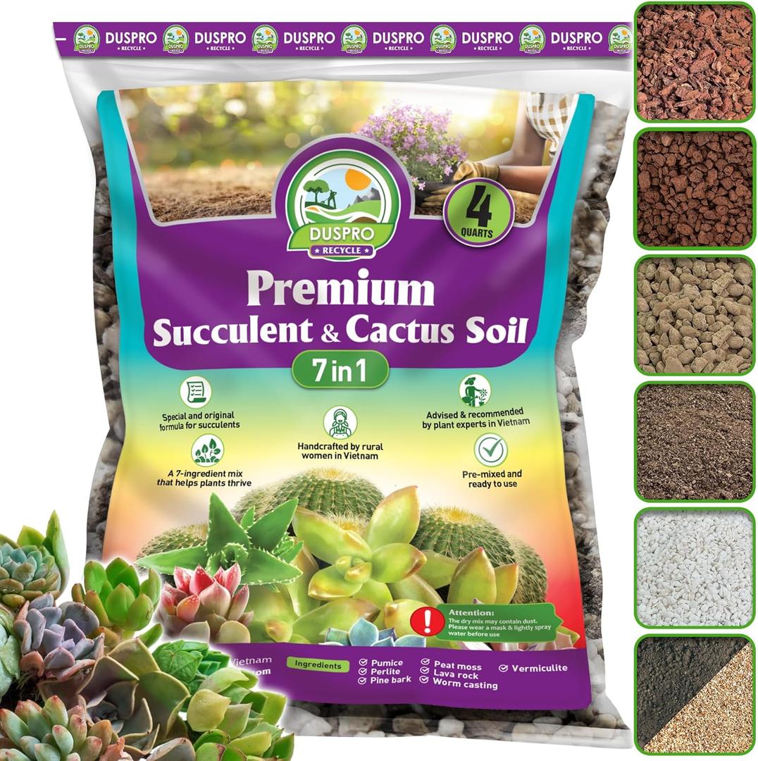 DUSPRO Succulents Soil Potting Mix  7 in 1 Ingredients Well-Draining, Nutrient-Rich Cactus Potting Soil for Succulents and Cacti, Indoor & Outdoor Use, Ready to Use, Supports Healthy Root Growth, 4QT
