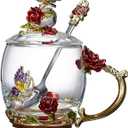 Flower Teacup Transparent Glass Teacup, (With Spoon + Lid), Fancy Tea Cups,Tea Cup Gift, Gifts for Women,Mother's Day Present. (Rose Red Short Cup)