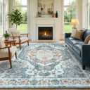 Area Rugs 5x8 Washable, Indoor Low-Pile Vintage Printed Rug for Living Room Bedroom, Ultra Soft Foldable Stain Resistant Non Slip Carpet for Dining Room Nursery Home Decor, Light Blue