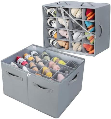 TOPIA HOME Shoe Organizer for Closet 2 Pack, Foldable Shoe Box with Adjustable Dividers and Clear Cover, Space Saving Shoe Storage Organizer Cabinet with Reinforced Handles, Fits 32 Pairs, Gray, TP12G